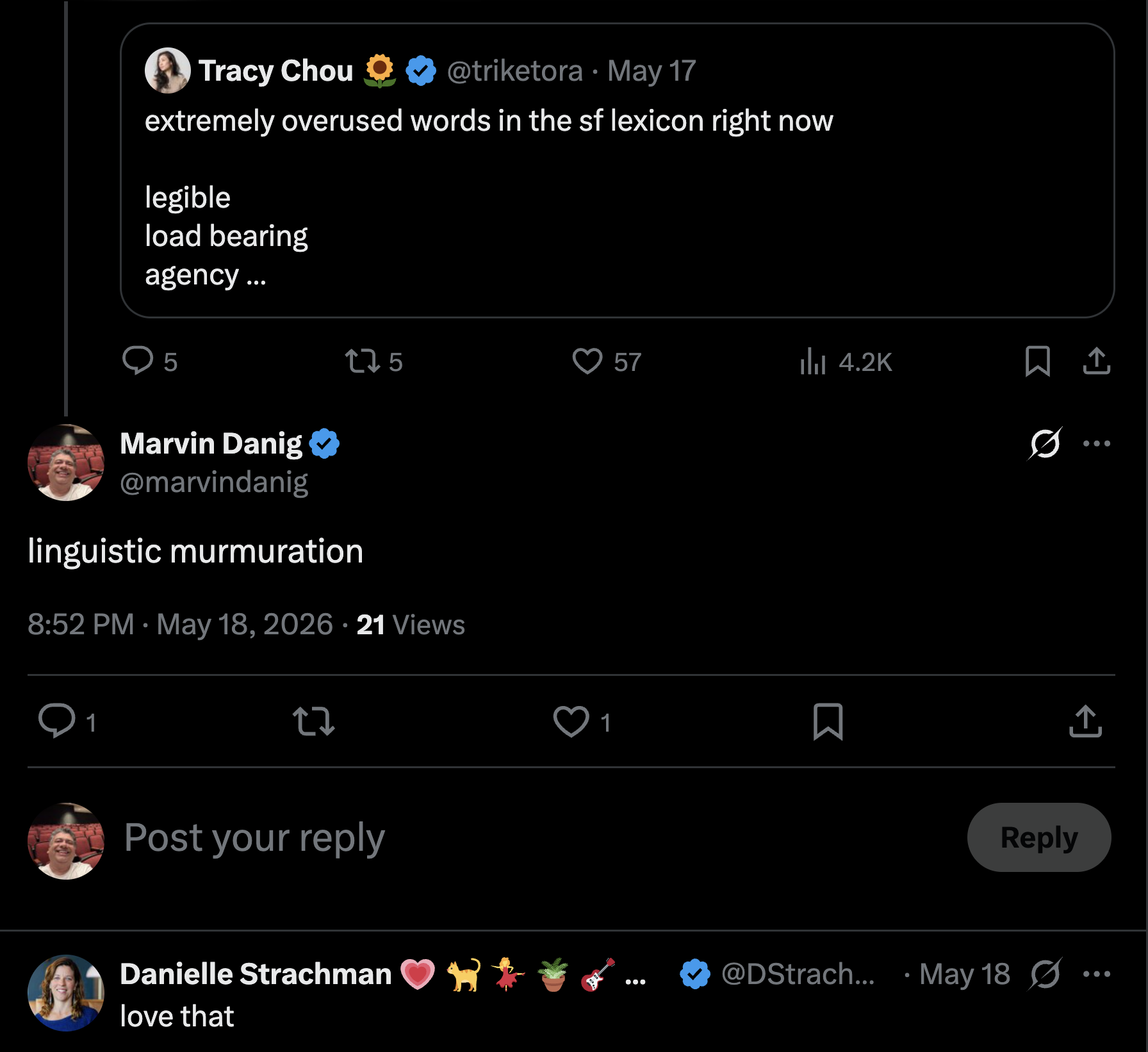 Tweet by @marvindanig coining "linguistic murmuration" in reply to @triketora, May 18 2026