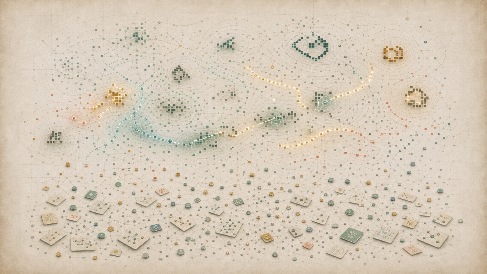 Editorial illustration of many local memory traces forming stable emergent patterns over time.